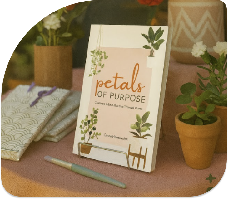 Petals of Purpose mindfulness and poetry book displayed with stationery and potted plants