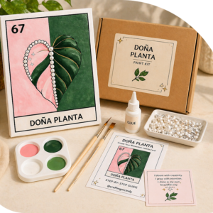 Doña Planta paint kit with plant-themed artwork, paints, brushes, and creative activity cards