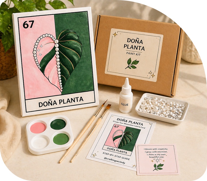 Doña Planta paint kit with plant-themed artwork, paints, brushes, and creative activity cards
