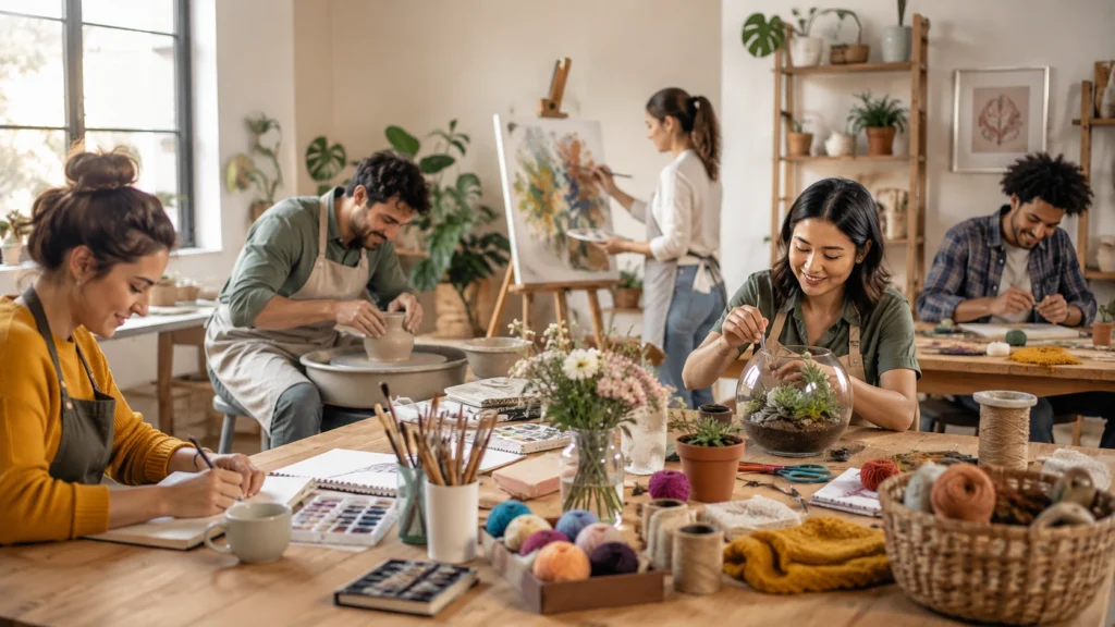 Adults painting together at a creative hobbies workshop