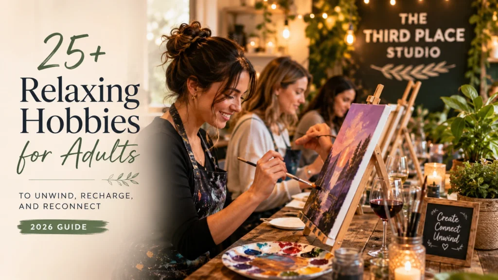 Relaxing Hobbies for Adults — a cozy paint-and-sip workshop where adults unwind, create, and connect in a welcoming studio setting.